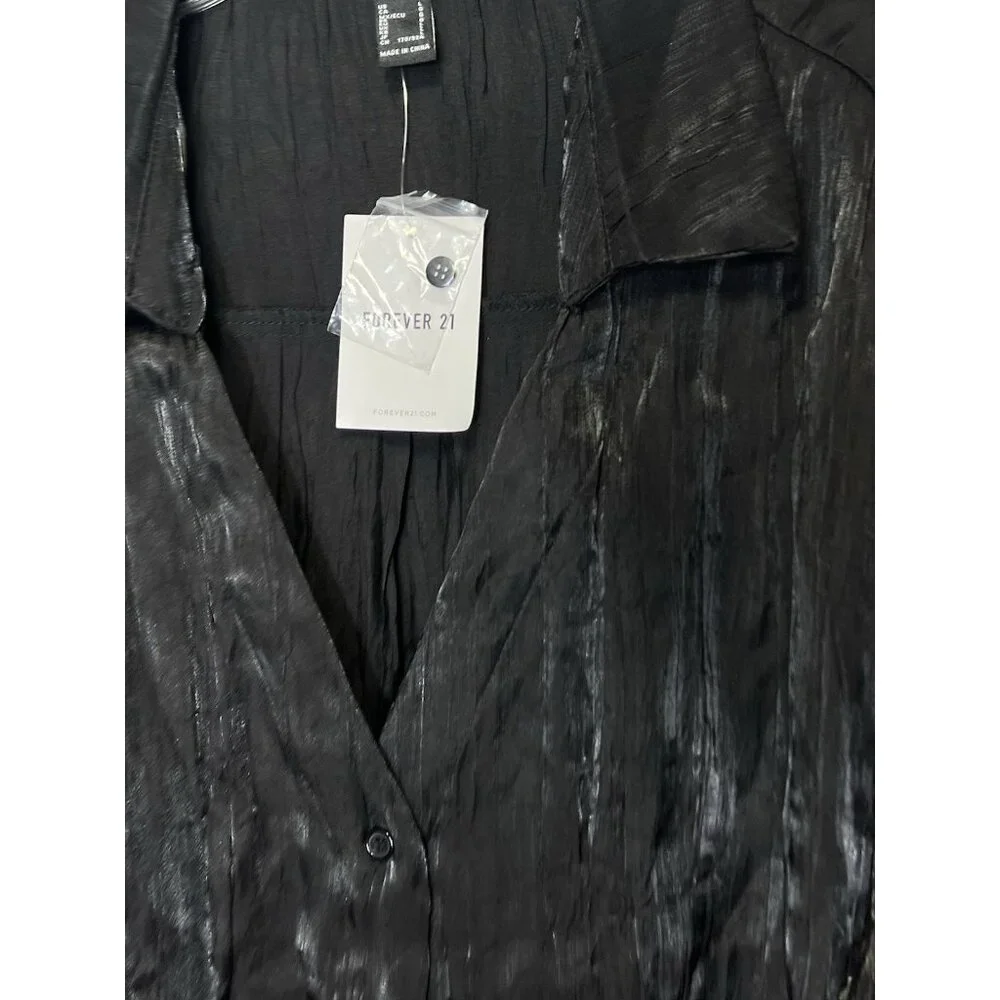 Forever 21‎ Long Sleeve Button Black Crinkle Slit Sides Women’s Size Large NWT - Picture 3 of 16